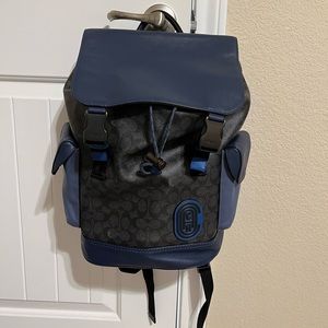 Coach Hitch Backpack in Signature Blue and Charcoal with Coach Patch on Front